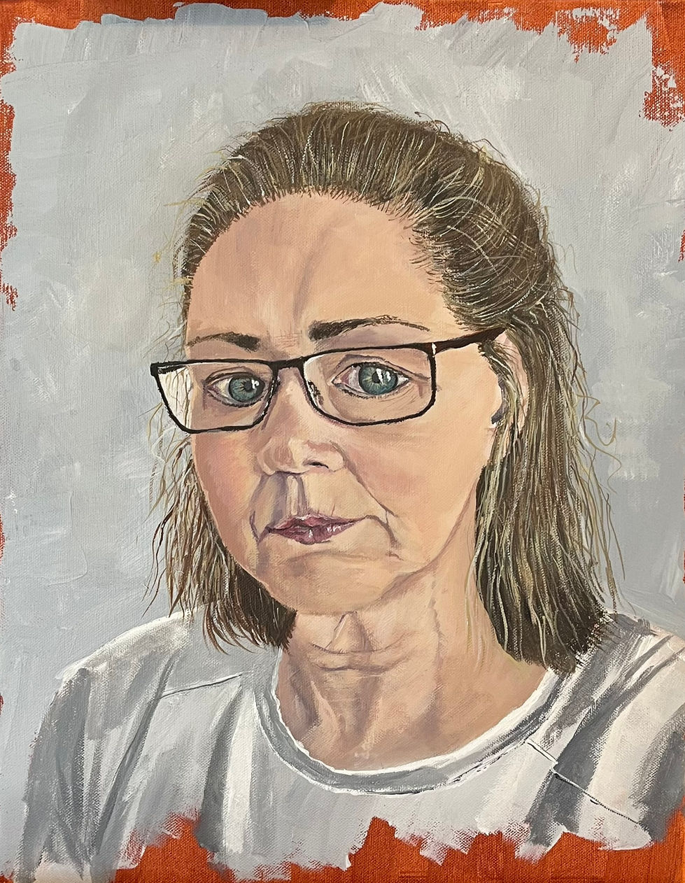 Portait of older white woman, head and shoulders only, wearing glasses and not smiling. White shirt, grey background.