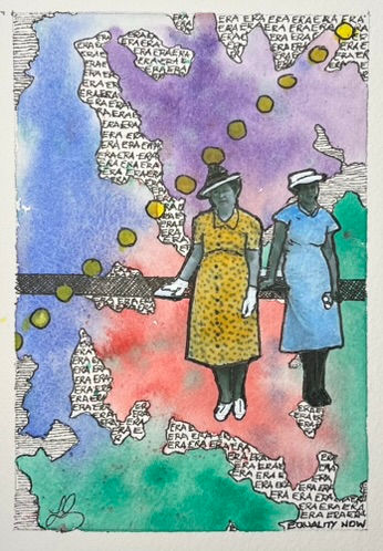 Two women from the early 20th century are pictured standing in front of an abstracted watercolor background. White spaces are filled with the repeated letters E R A, with "Equality Now" written in the bottom right.