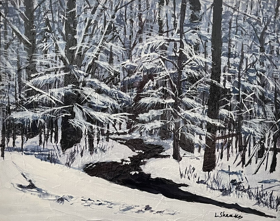 Black and white painting of a creek trailing into the woods. Winter scene, ground and trees covered in snow.