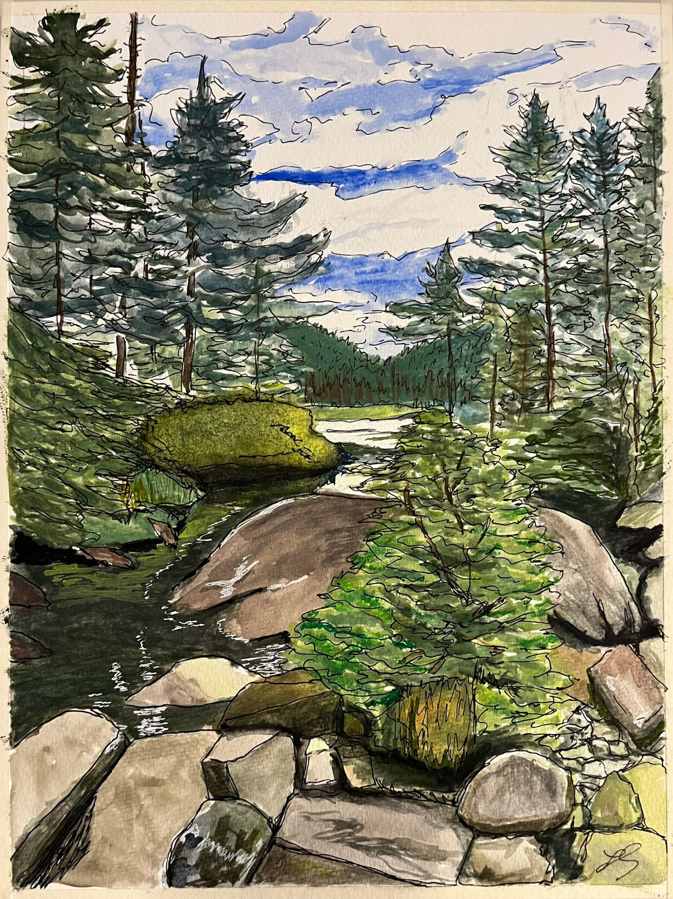 Watercolor and ink painting with large rocks and small pine tree in foreground, water on left. Taller pines in background, with small lake view. Mountains in back. Vibrant blue sky with white clouds.