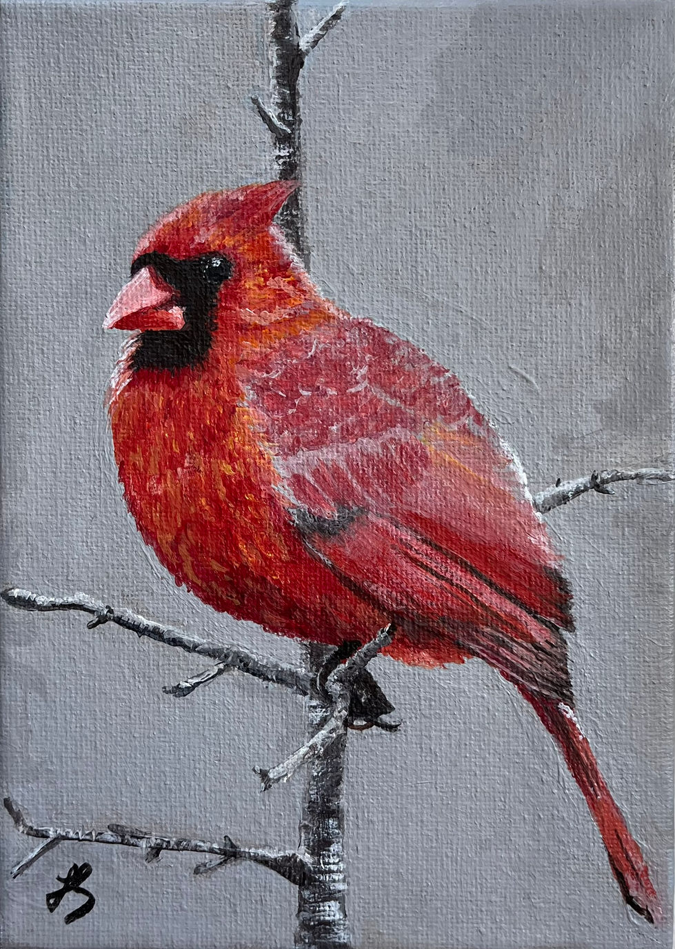 Painting of a male cardinal on a tree branch, looking to the left. Grey background.