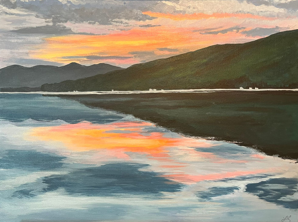 Painting with lake water in foreground, reflecting the sunset sky and green mountains. Middle of painting is the mountains, closer in green, farther away in purple. Sky is sunset, in orange, pink, peach, and purple.