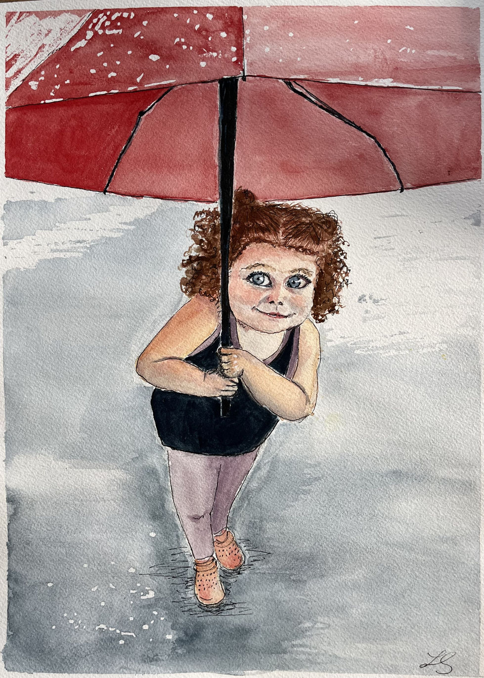 Watercolor and ink painting of toddler girl holding a red umbrella in the rain. Vantage point is looking down at the subject. Curly hair, shoulders scrunched.