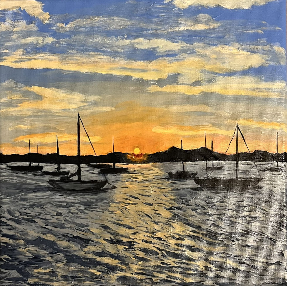 Painting of Morro Bay, California. Several moored boats in shadow on the bay water, sunlight down the center of the water. Sun peaking over small black hills in background. Orange and blue sky with light clouds.