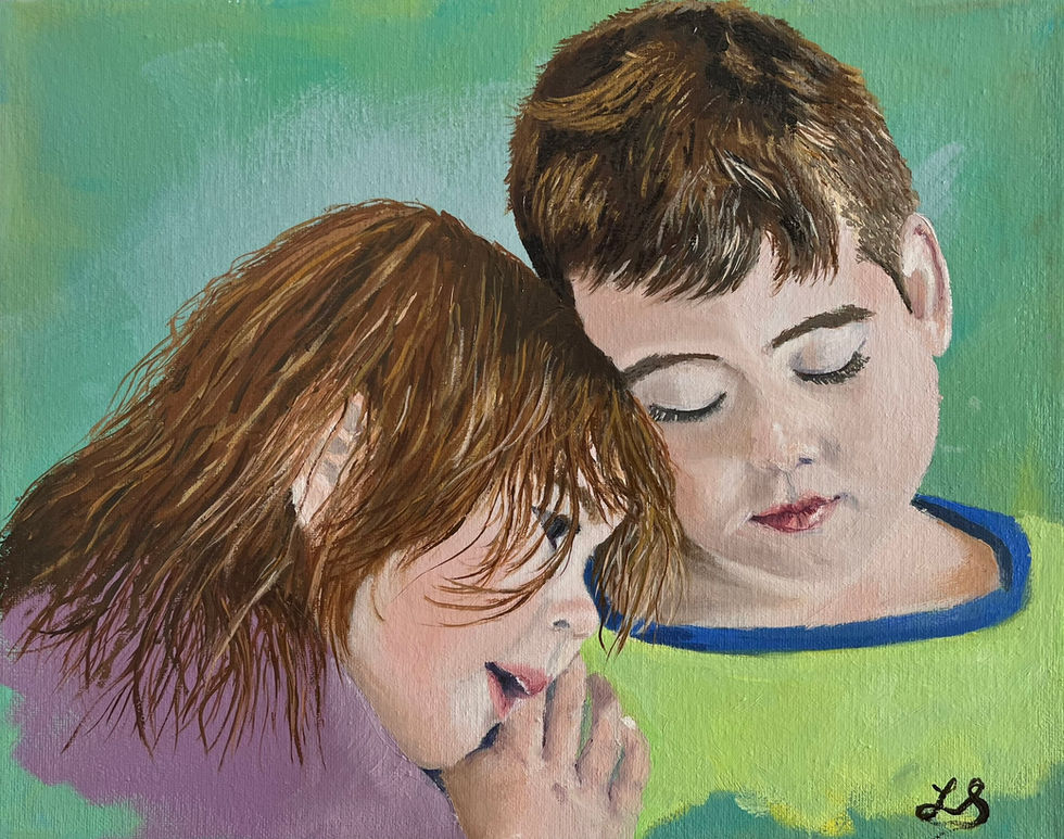 Portrait of two children, heads and shoulders only. Boy on right is looking down, girl on left has her head on his shoulder. Green background.