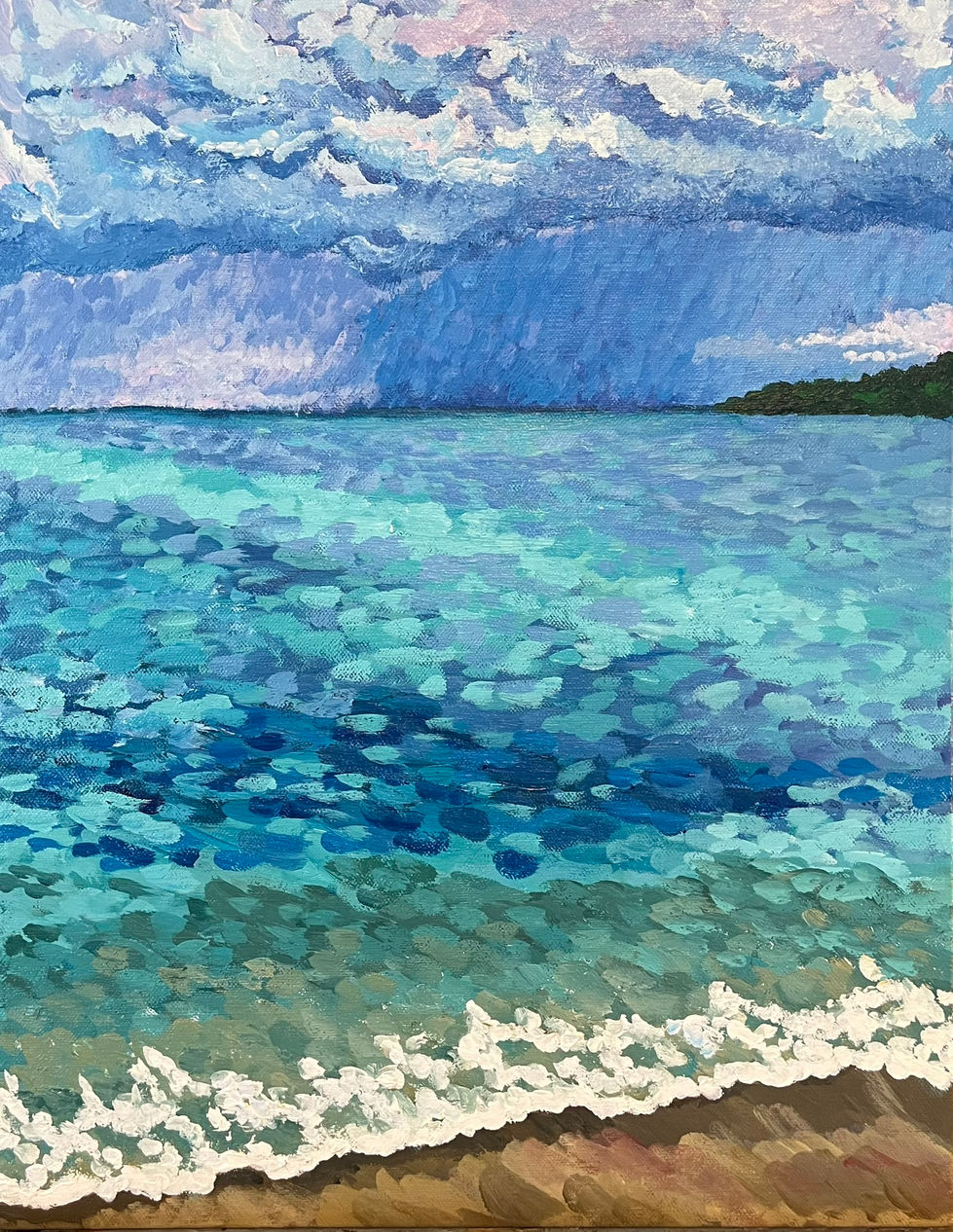 Painting of the caribbean ocean, with a rainstorm in the distance.