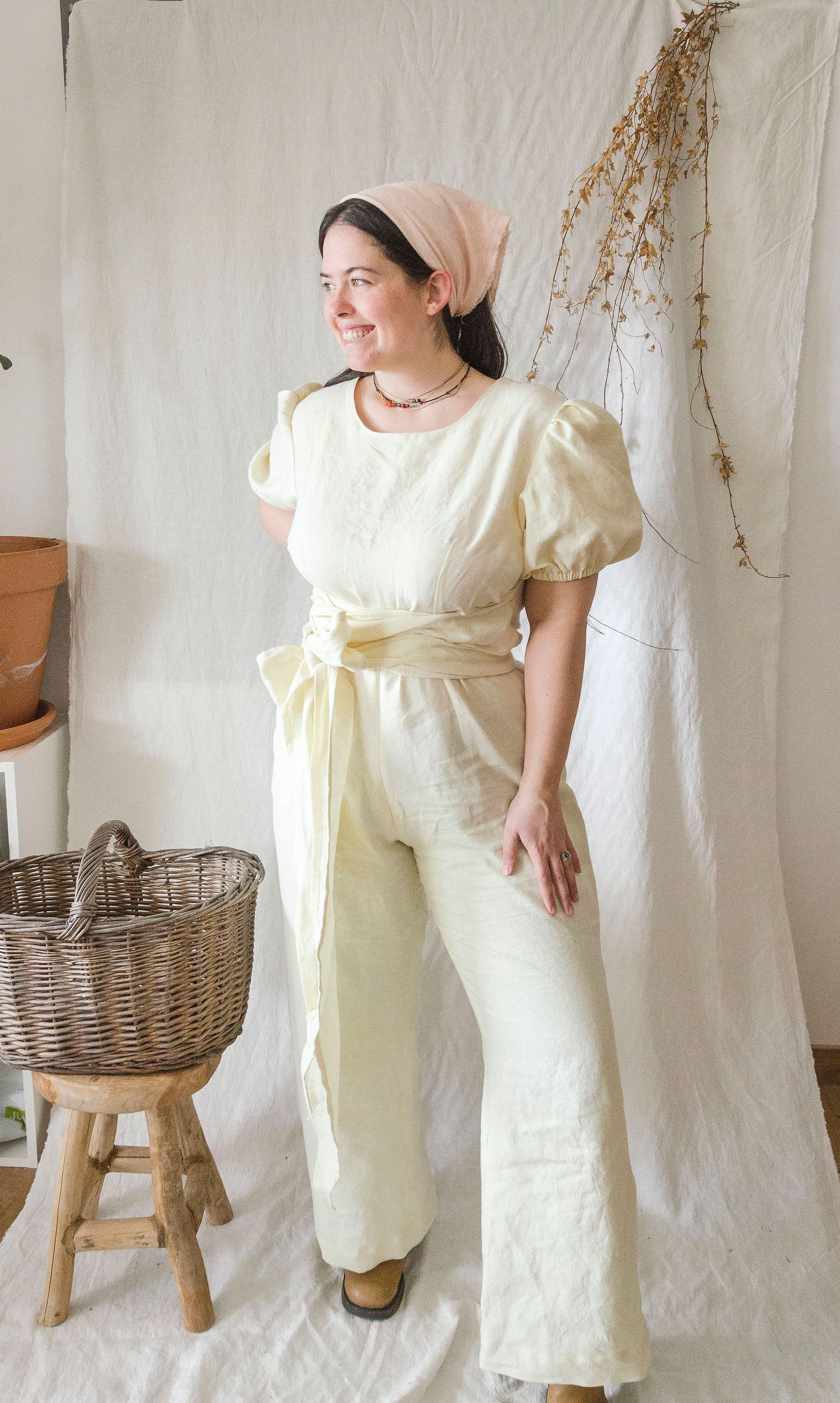 Linen jumpsuit slow fashion brand olive blue paris natural dye eco friendly fashion brand