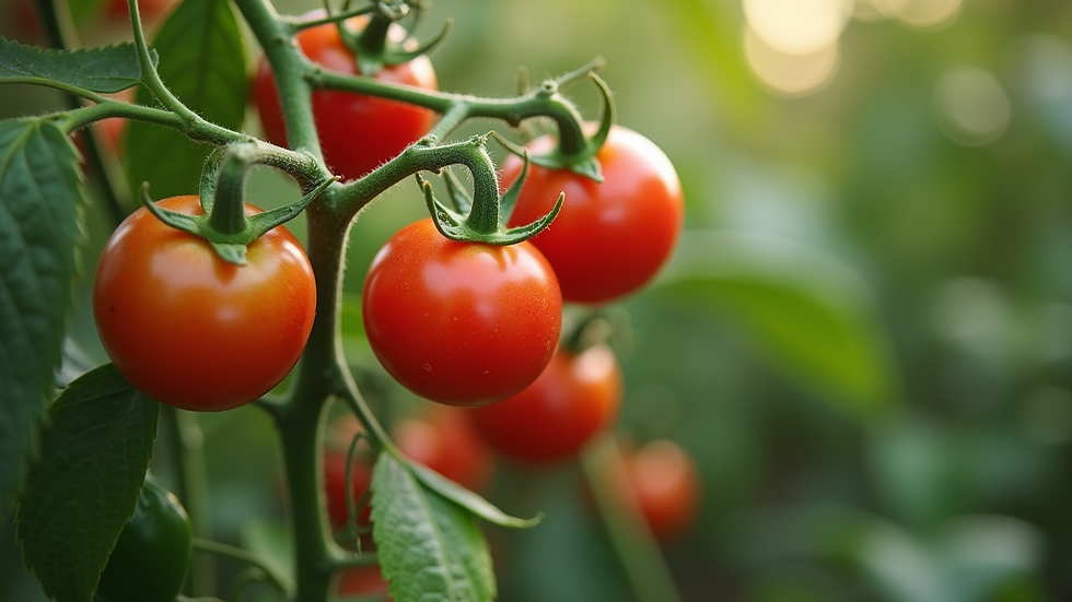 Close-up view of a vibrant vegetable garden with ripe tomatoes and green peppers
