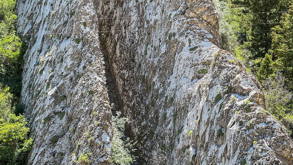 Steep white-gray rocky cliff with a narrow crevice, surrounded by green trees and crossed by power lines