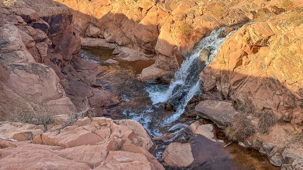 Small waterfall flows through a red-rock canyon pool, with golden sunlight on rugged sandstone and sparse desert brush.