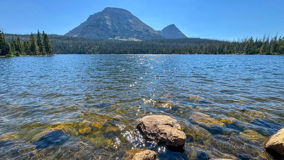 Clear alpine lake with sunlit ripples, pine forest, and two rocky mountains under a blue sky.