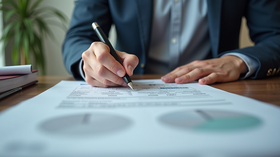 Eye-level view of a contractor reviewing tax documents on a desk