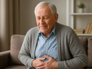 En äldre man i 70-årsåldern sitter på en brun soffa i ett vardagsrum. Han ser tydligt plågad ut, med ögonen slutna och pannan rynkad av smärta. Han håller båda händerna över magen, som om han har ont. Mannen har kort grått hår och är klädd i en ljusblå skjorta och en grå kofta. Bakom honom syns ett fönster med ljusinsläpp och en bokhylla med några böcker och en krukväxt. Miljön är lugn och hemtrevlig, men mannens kroppsspråk signalerar att han lider – troligtvis av förstoppning.