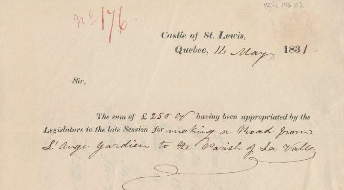 Extrait de la lettre pour le financement de la route de Laval. Musée de la civilisation, fonds d'archives du Séminaire de Québec, Titres Laval, no 176.