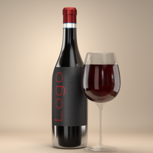 Modellazione 3d di una bottiglia di vino rosso con etichetta goffrata e bicchiere di vetro pieno di vino.