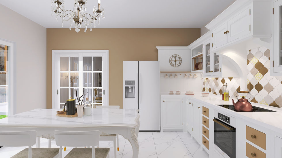 Render 3D di una cucina in stile luxury, laccata bianca, tavolo in marmo bianco, sedie in velluto beige e pavimento in marmo bianco.