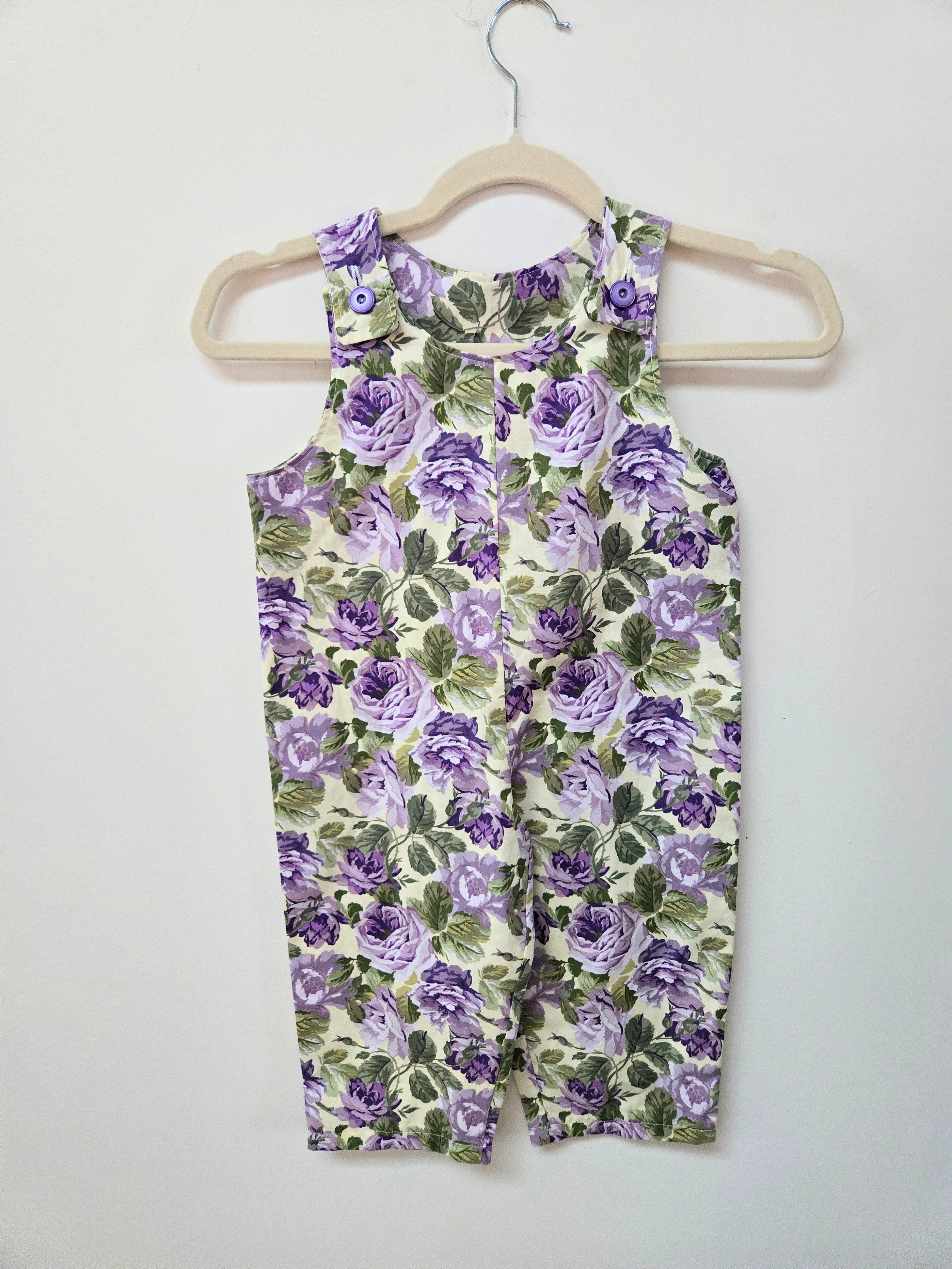 handmade purple floral romper front view