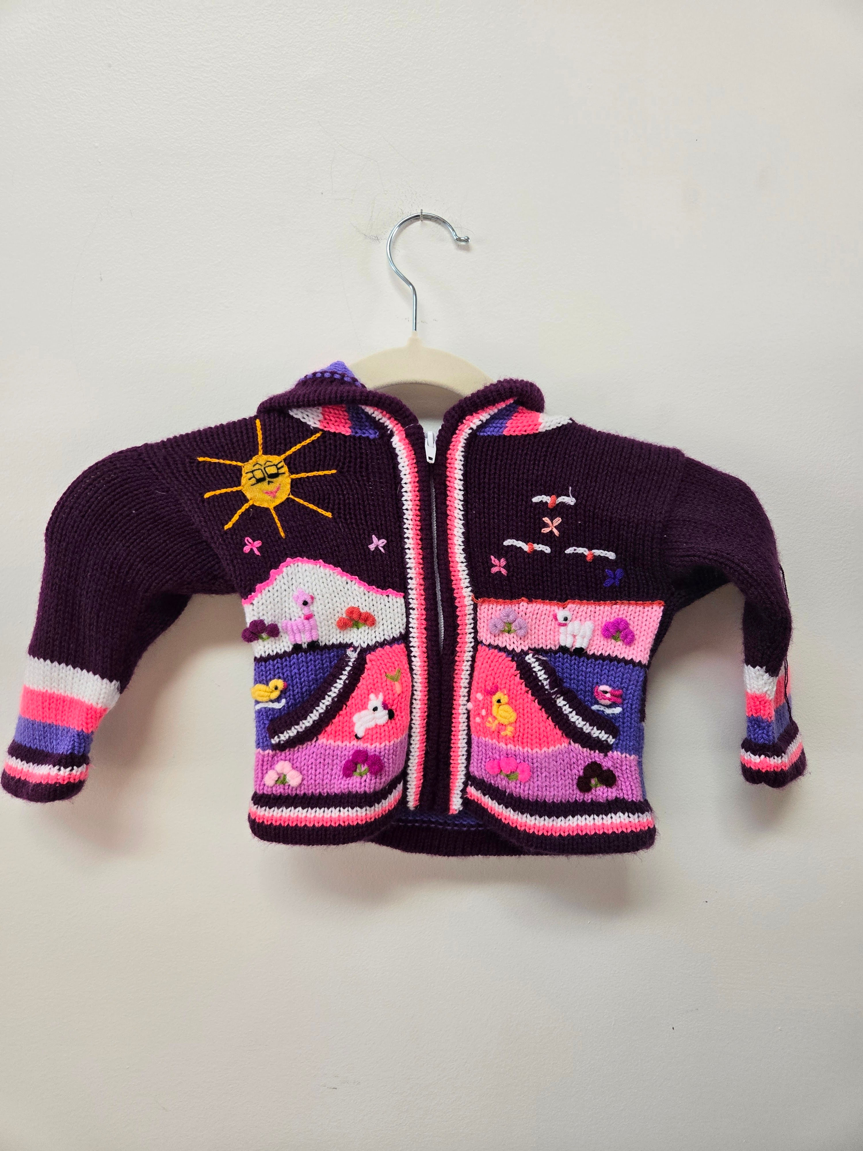 Handmade vintage peruvian wool toodler sweater with animals front view