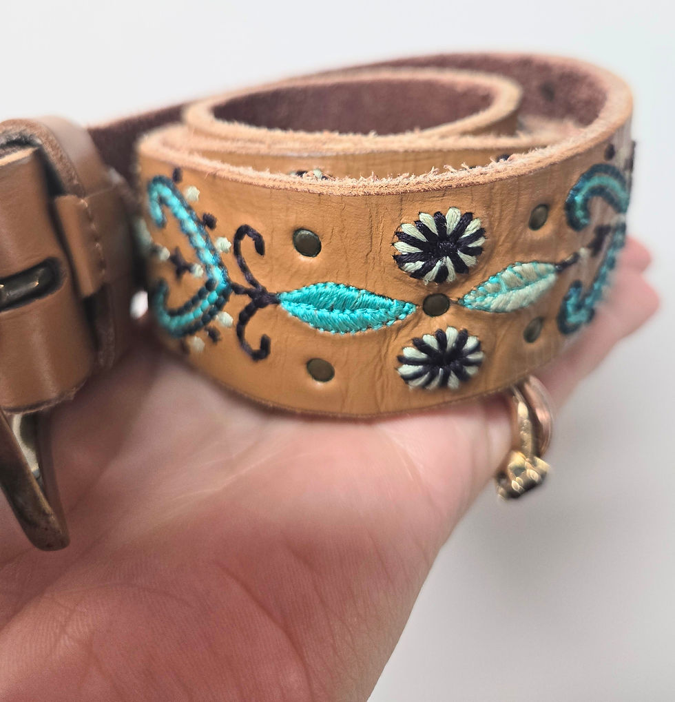 Thumbnail: leather belt with turquoise accents and designs front view