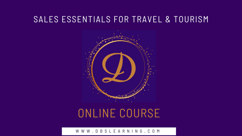 Purple cover for Online Course Sales Essentials for Travel & Tourism featuring a gold letter "D" 