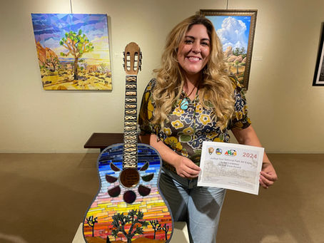 Kacy Dalton's "Songs of the Desert" mosaic guitar wins Best Of Show at the Joshua Tree National Park Art Exposition 2024!