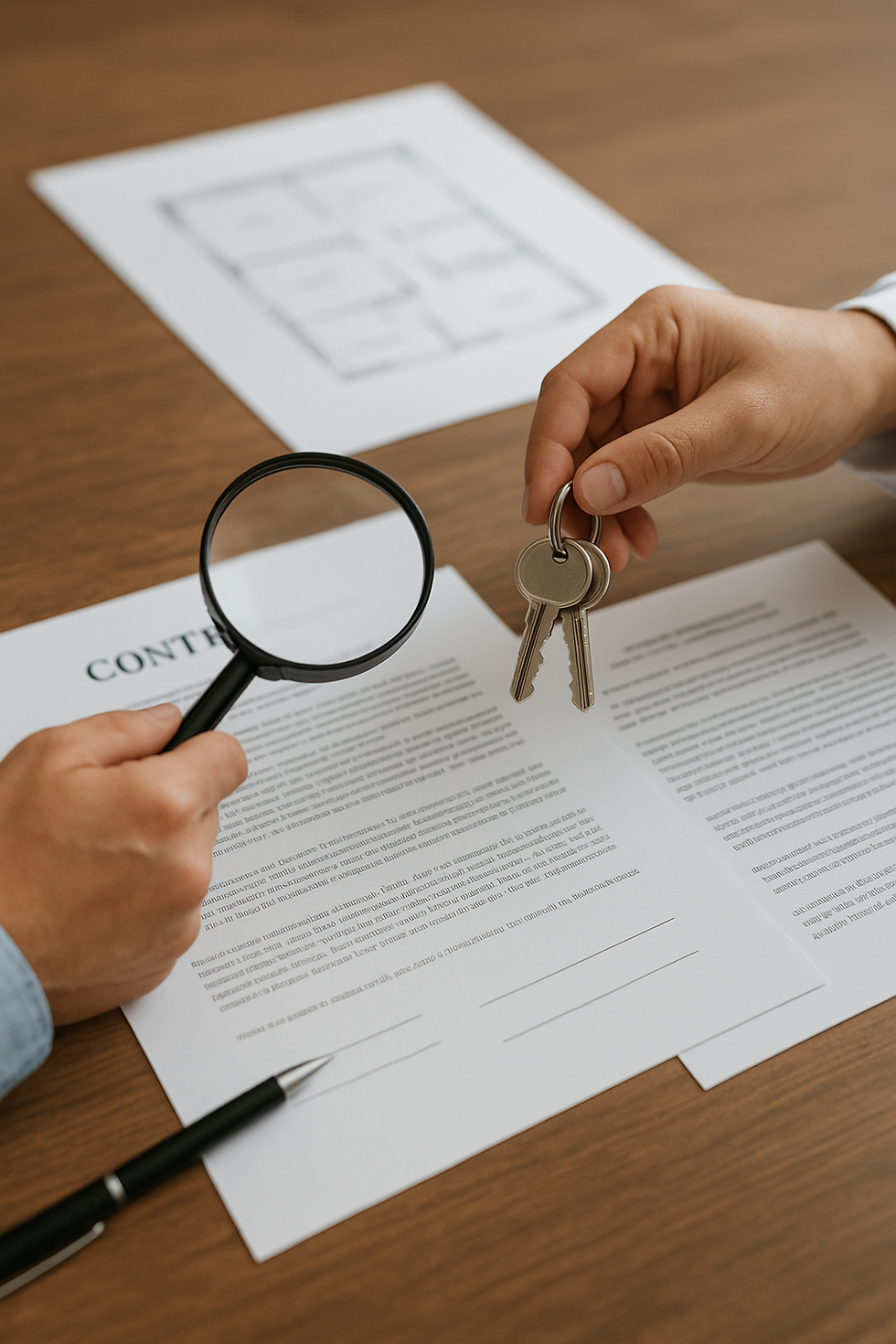 braço segurando uma lupa, papéis e caneta sobre a mesa, braço entregando duas chaves