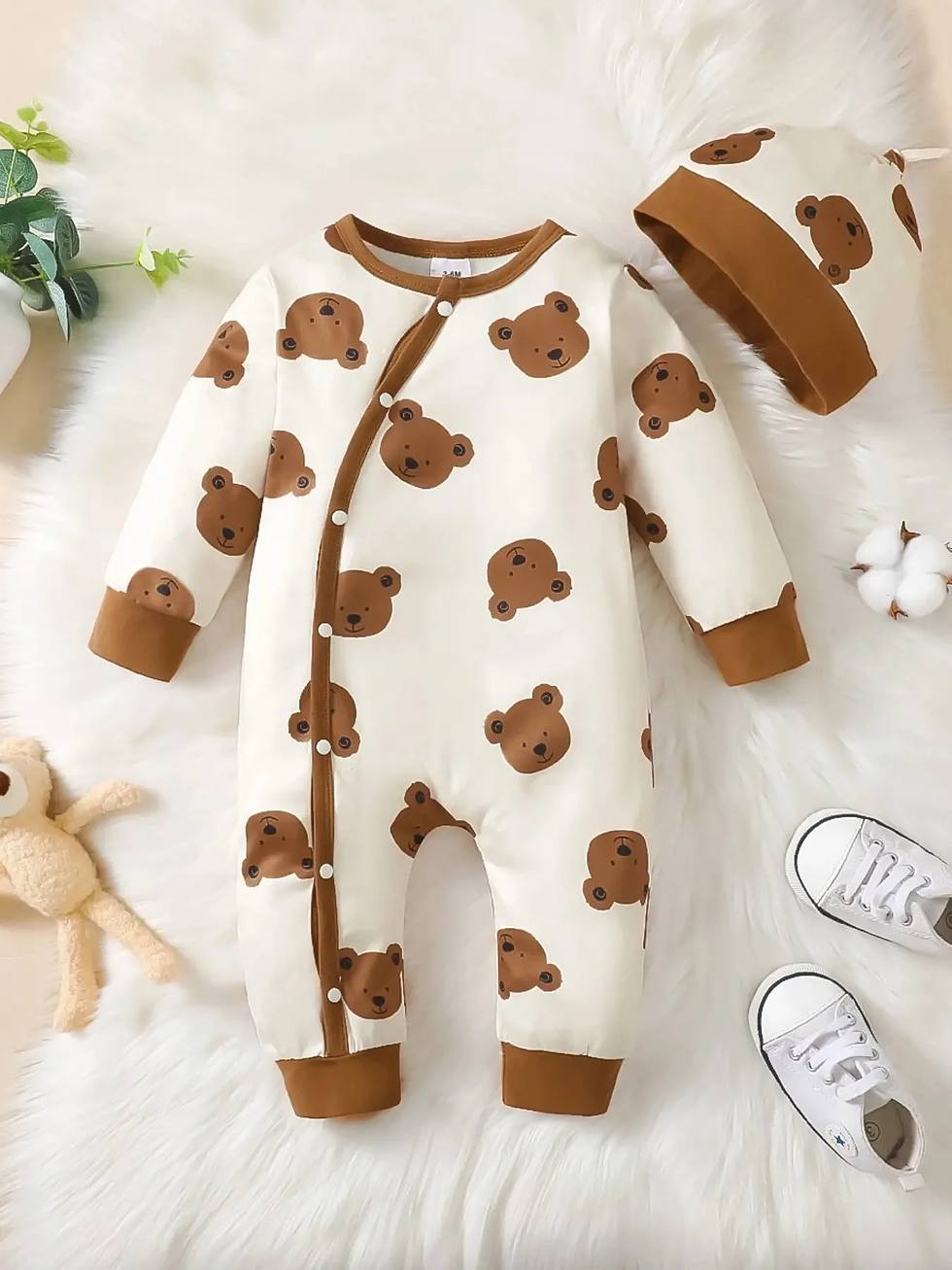 Thumbnail: Winter Newborn Infant Baby Boys Romper Bear Print Long Sleeve Button Up Front Ro