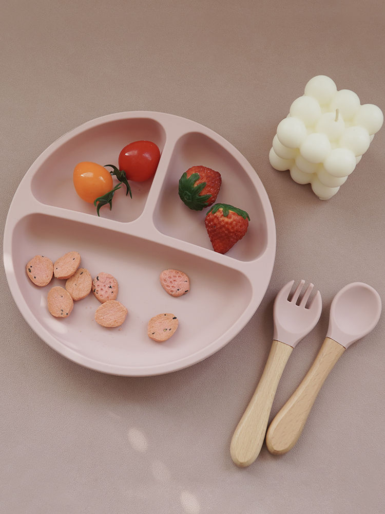 Thumbnail: 3PCS Silicone Children Tableware Baby Feeding Set Silicone Dinner Plate Wood Han