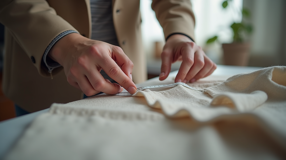 close-up view of a tailor measuring fabric for a custom dress