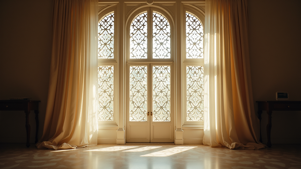 Eye-level view of a beautifully crafted window treatment with intricate patterns