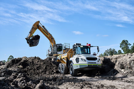 Liebherr excavator loading soil into a dump truck on a construction site. Liebherr excavator loading earth into a Liebherr dump truck on a Newcastle City Council work site. Liebherr excavator and articulated dump truck working together on a Newcastle City Council construction project. A Liebherr excavator loading soil into a Liebherr dump truck during earthworks on a Newcastle City Council site, demonstrating efficient heavy equipment operation. Earthmoving works underway using Liebherr excavator and dump truck equipment for Newcastle City Council.