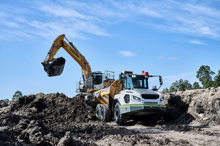 Liebherr excavator loading soil into a dump truck on a construction site. Liebherr excavator loading earth into a Liebherr dump truck on a Newcastle City Council work site. Liebherr excavator and articulated dump truck working together on a Newcastle City Council construction project. A Liebherr excavator loading soil into a Liebherr dump truck during earthworks on a Newcastle City Council site, demonstrating efficient heavy equipment operation. Earthmoving works underway using Liebherr excavator and dump truck equipment for Newcastle City Council.