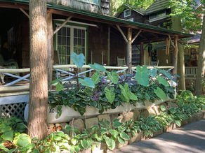 A Gretna porch overlooks a canoe as planter