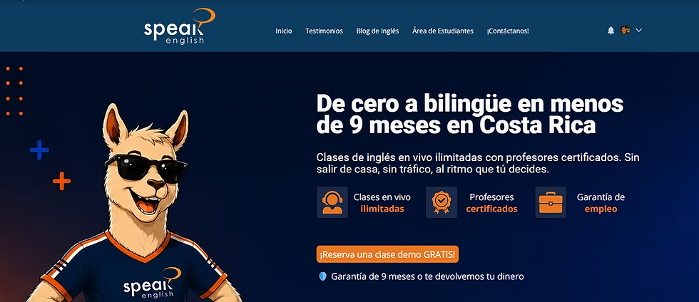 Página principal de Speak English, academia de inglés online con clases en vivo para Costa Rica