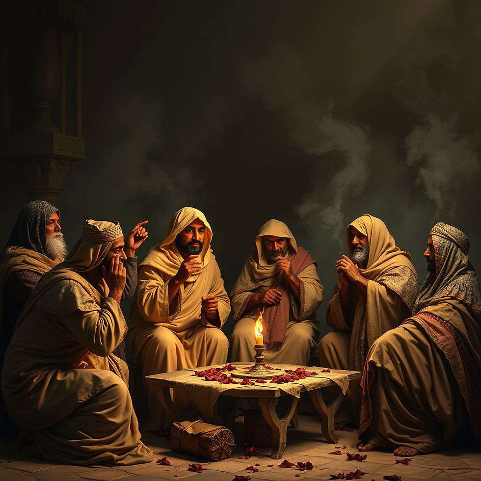 A group of hypocrites gather secretly around, engaged in conspiracies and gossiping.