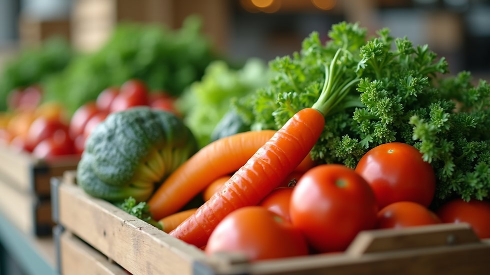 Close-up view of fresh organic vegetables in a wooden crate