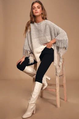 Grey Fringe Poncho $55