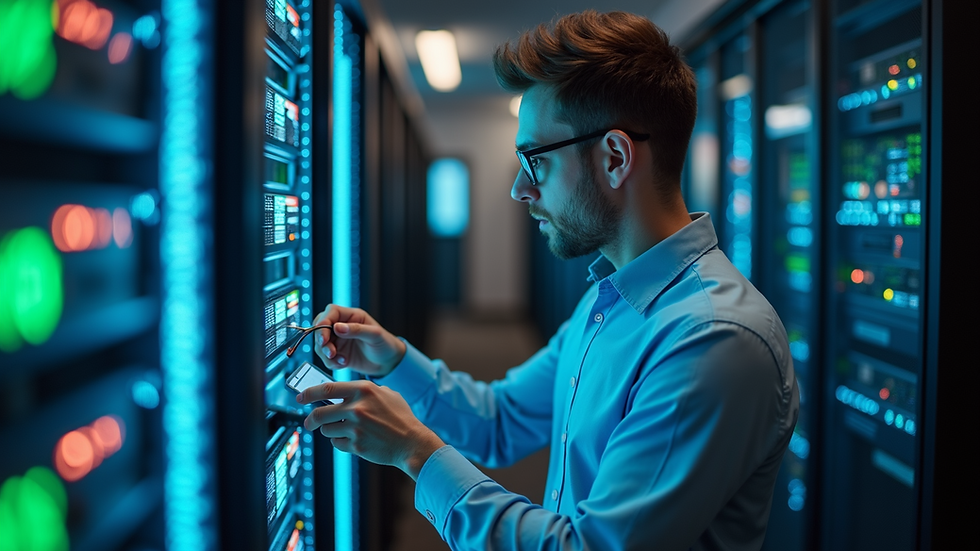 Eye-level view of IT technician troubleshooting network equipment