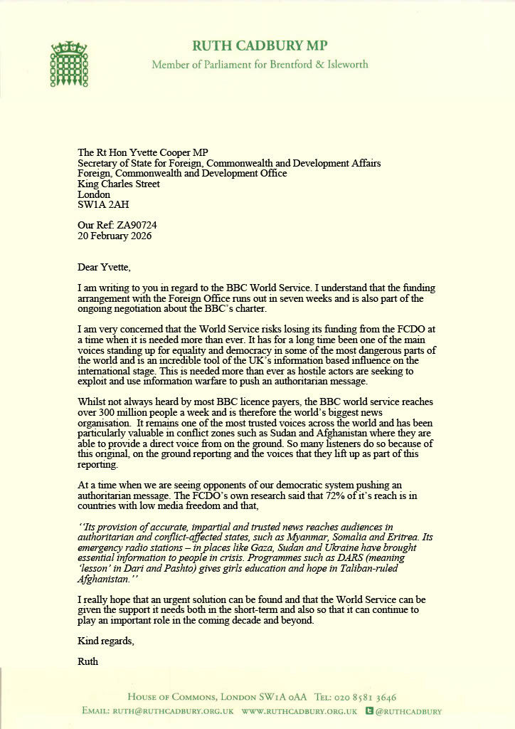 Ruth Cadbury MP raises BBC World Service Funding