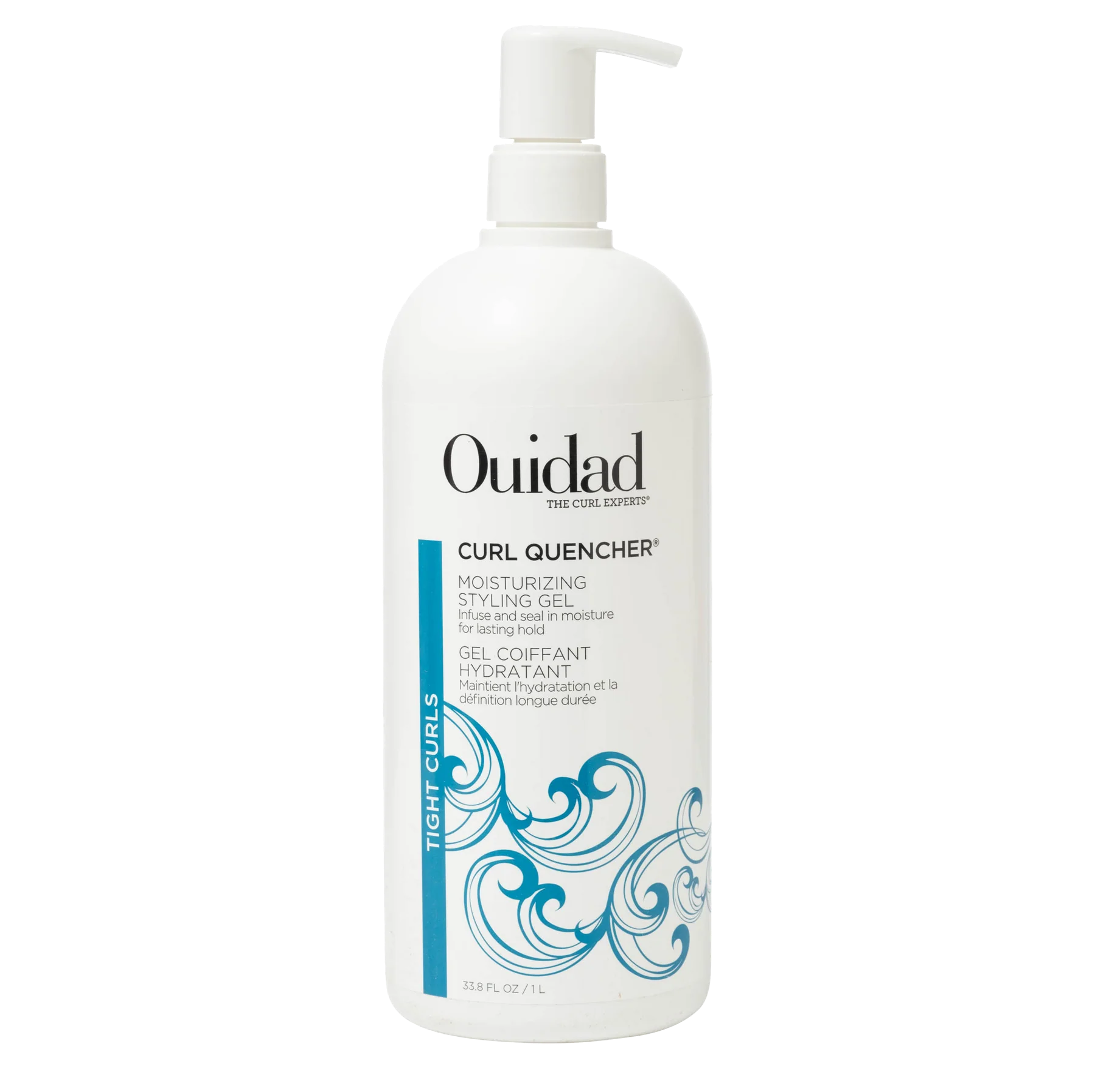 White Ouidad Curl Quencher Moisturizing Styling Gel bottle with pump top, blue swirl design, and text for tight curls.