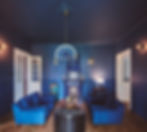 Ceramic ceiling blue light, three arches, shades of blue in blue interior, Memphis style
