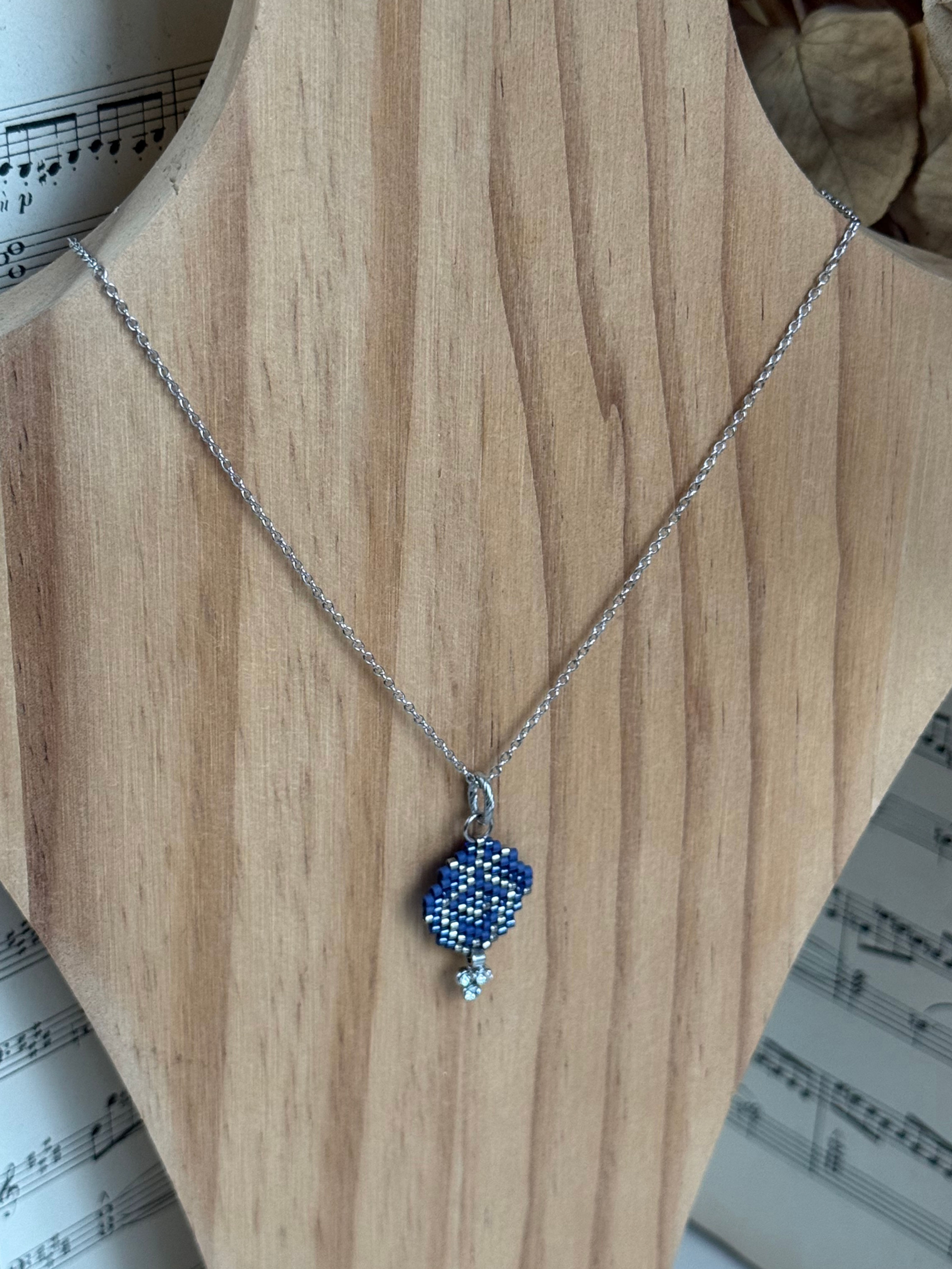 Pendentif Tissé - "Géométrie" argent bleu