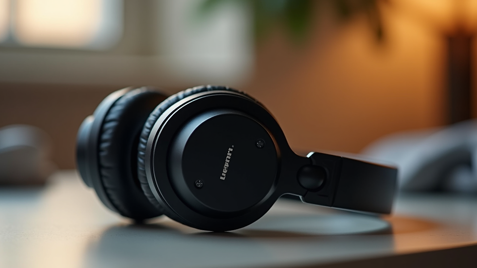 Close-up of wireless headphones resting on a table with soft lighting