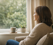 Adult sitting looking out of a window