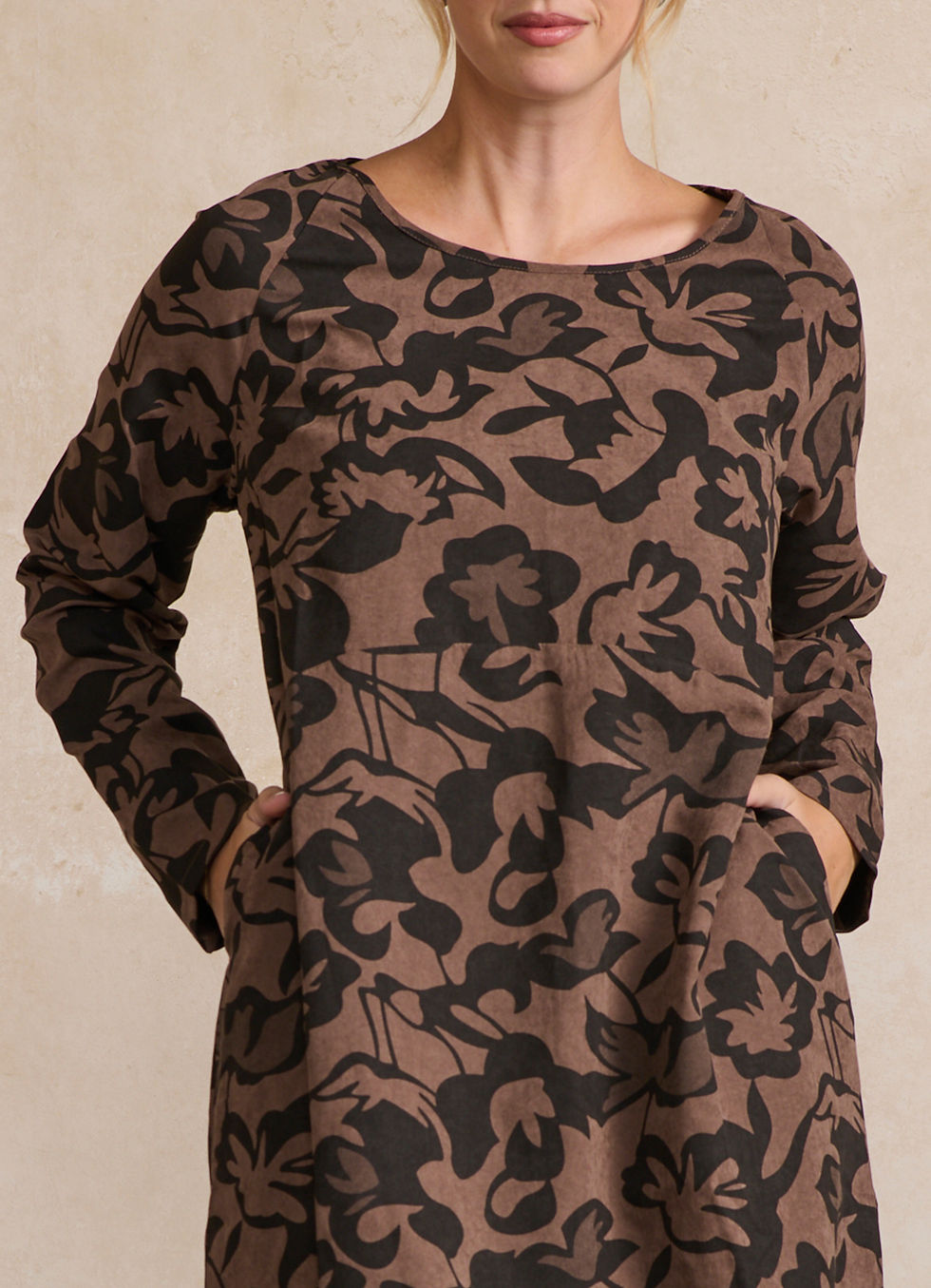 Thumbnail: Abstract Floral Print Dress in Coffee