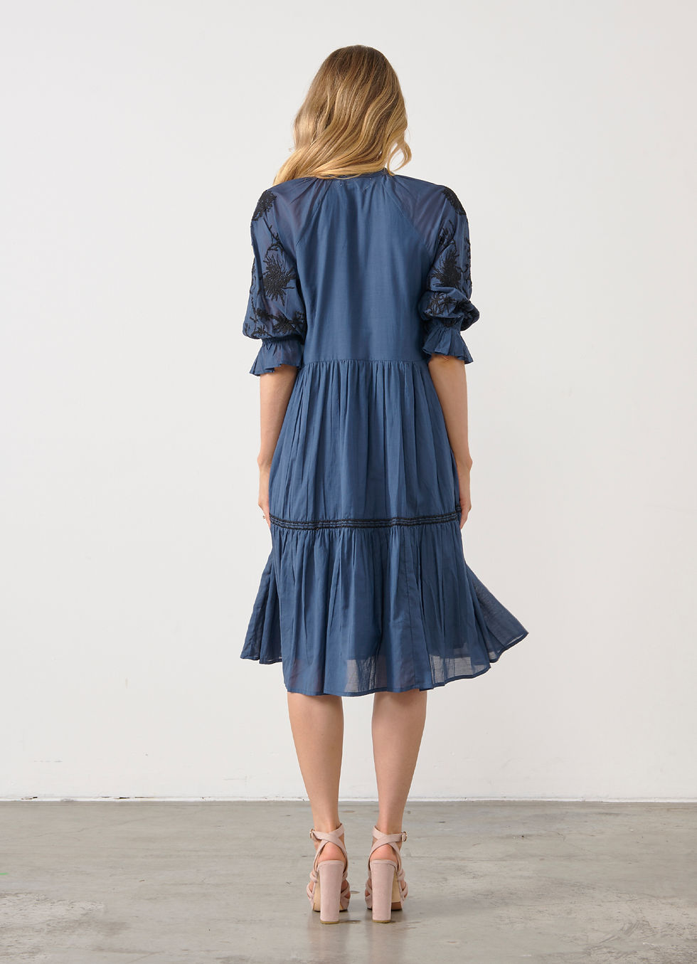 Thumbnail: Multi Tiered Dress with Contrast Embroidery in Blue