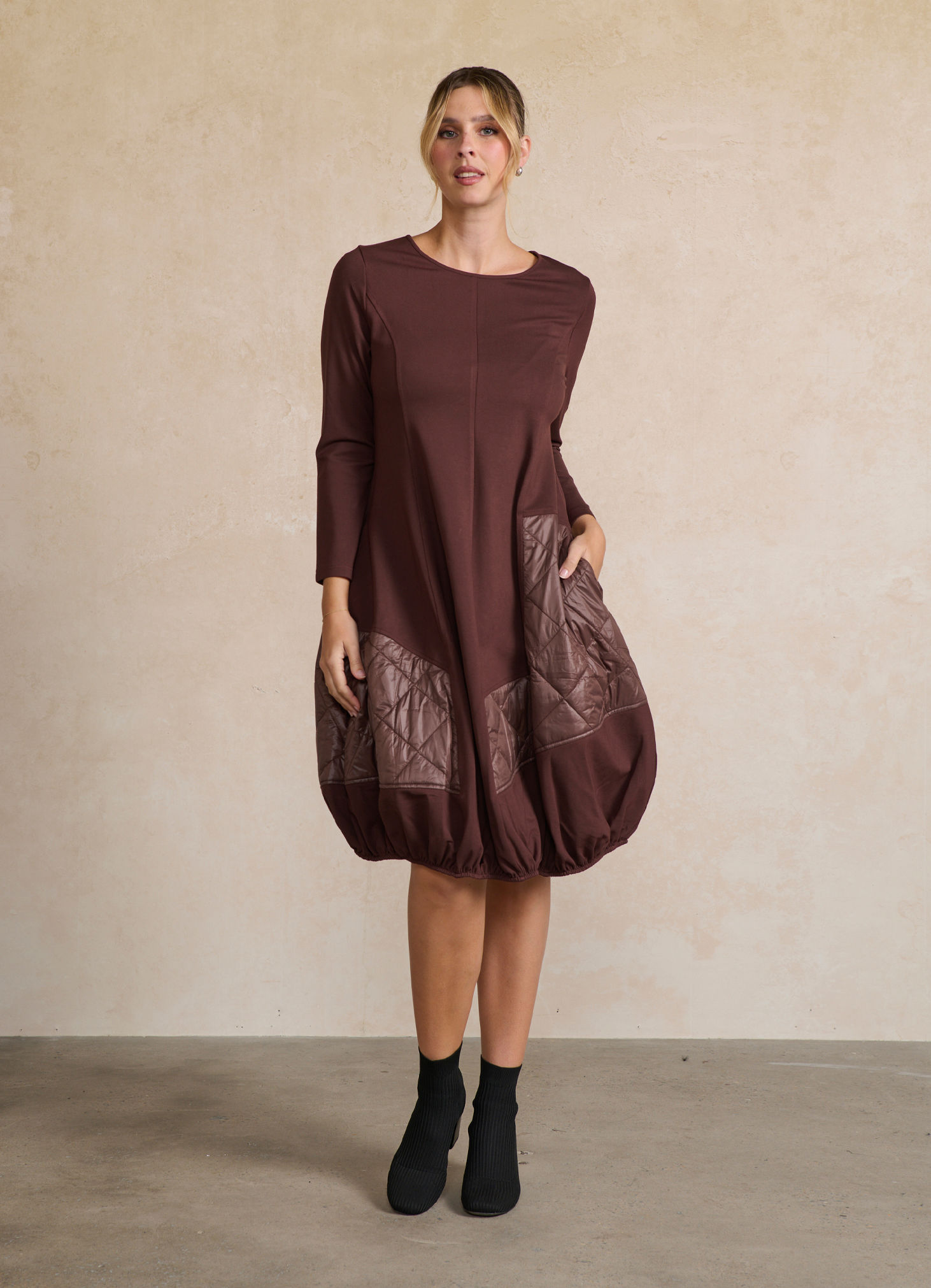 Quilted Panels Dress in Chocolate