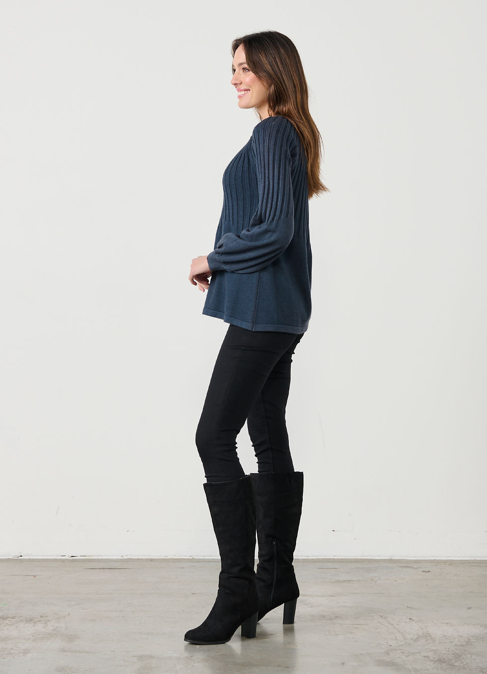 Thumbnail: Half Rib Knit and Puff Sleeve Top in Slate