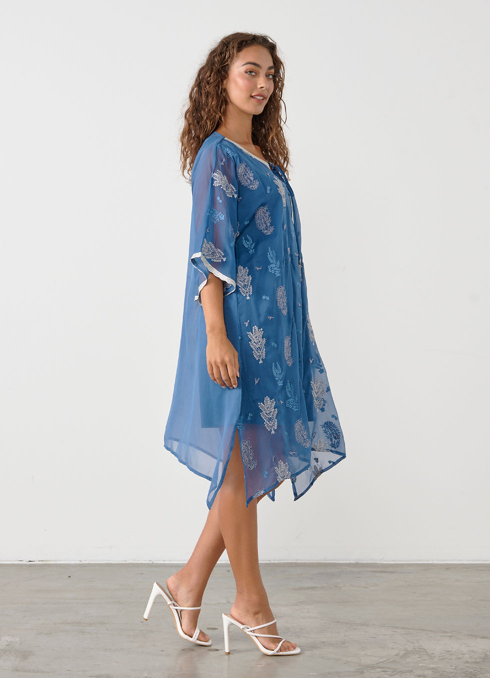 Thumbnail: Embroidered Dress with Tie Neckline in Midnight