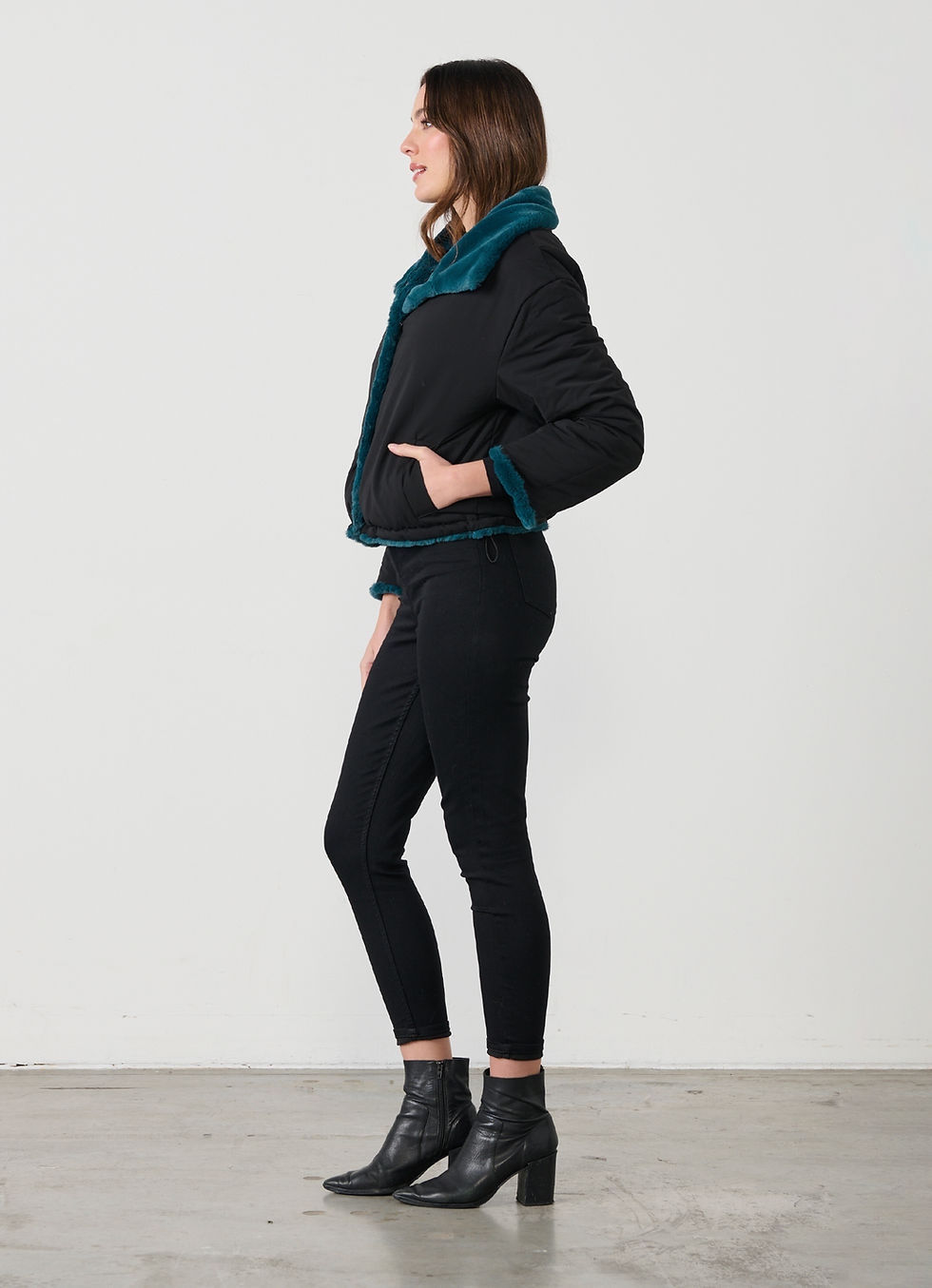 Thumbnail: Reversible Faux Fur and Nylon Jacket in Teal